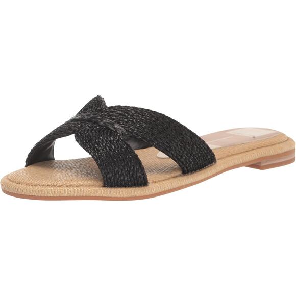 Dolce Vita Women Atomic Flat Slide Sandals Size US 6.5 Black / Natural Raffia - Picture 1 of 5